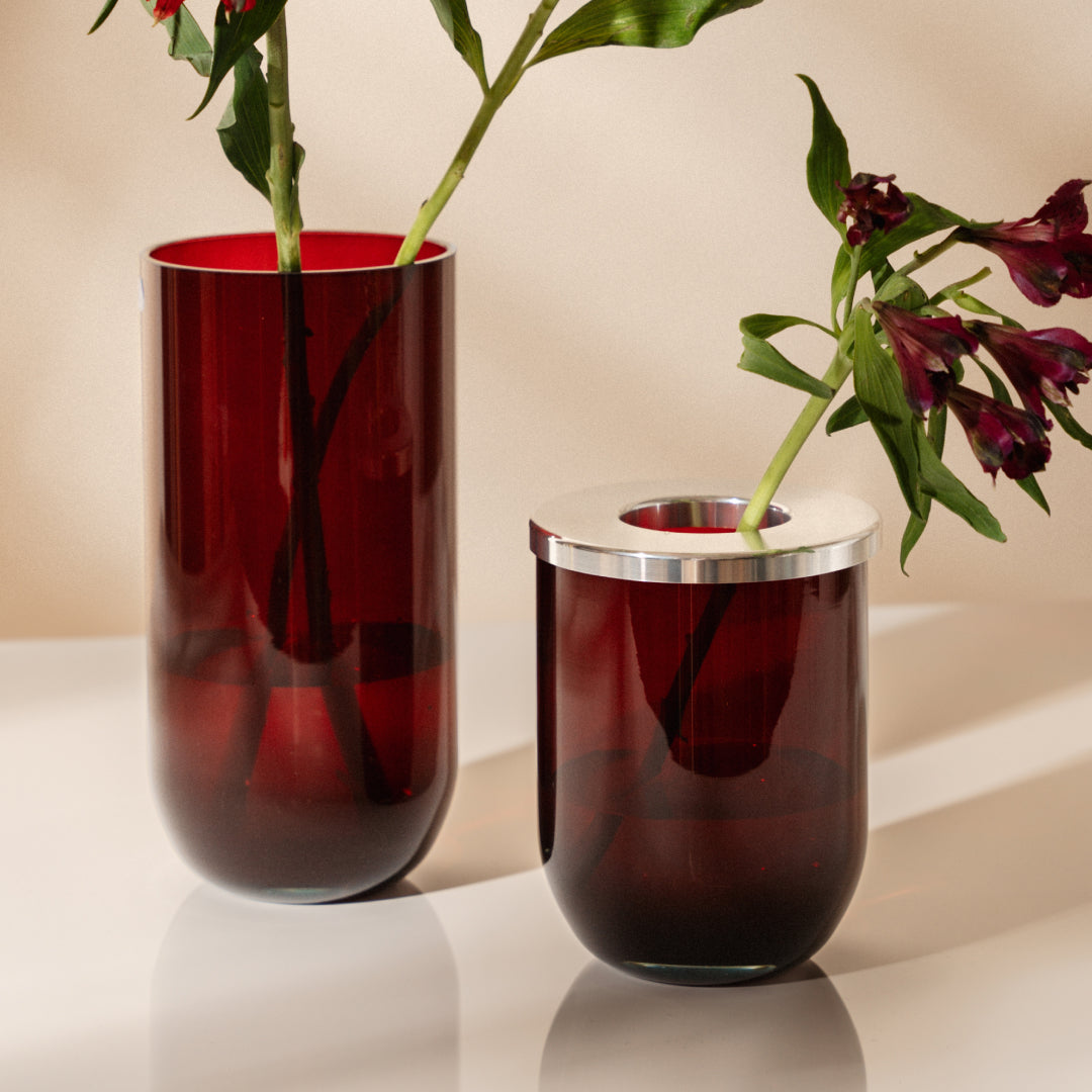 Duo glass vase, red and silver, 16 cm