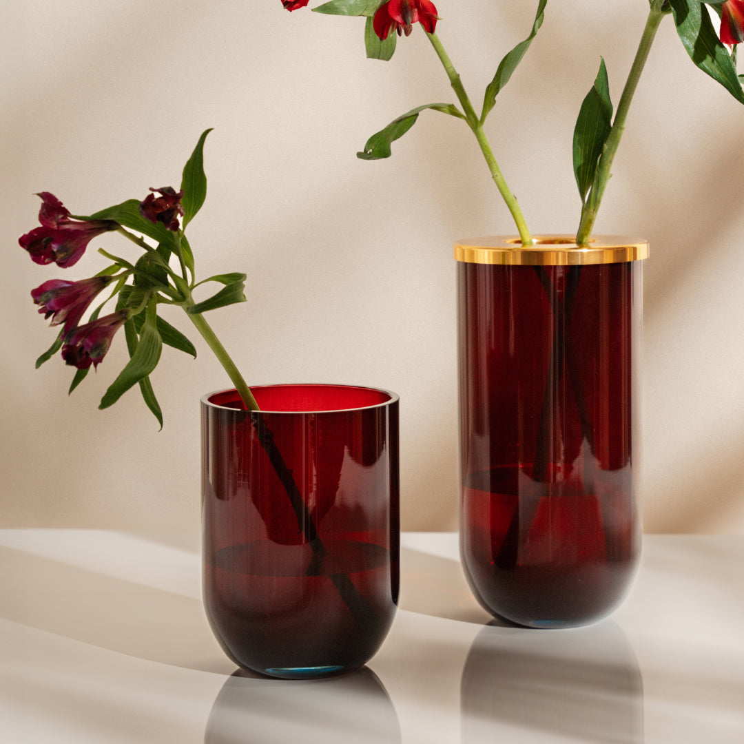 Duo glass vase, red and gold, 24 cm