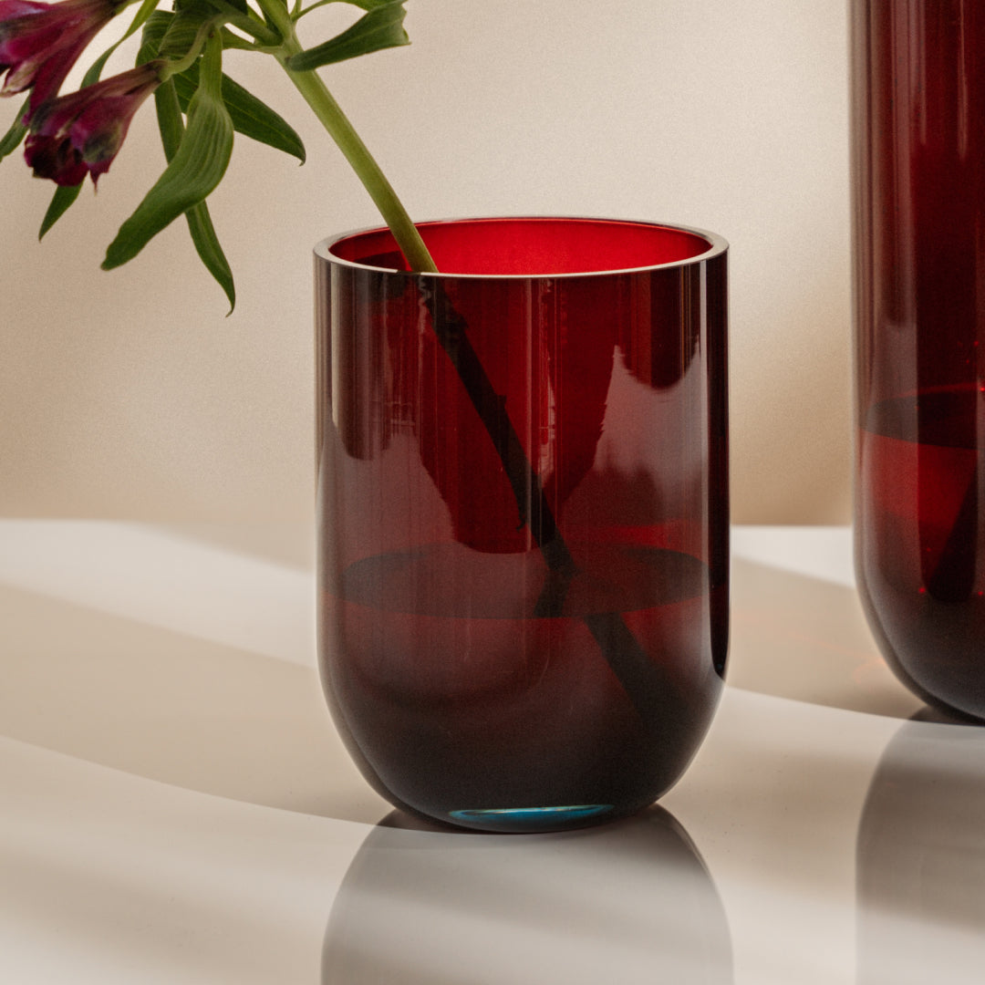 Duo glass vase, red and gold, 16 cm